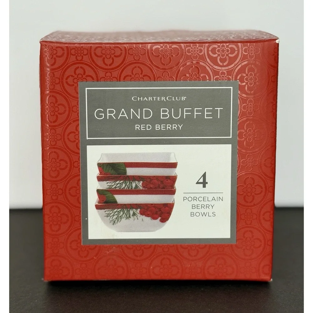 Charter Club GRAND BUFFET Red Berry - Set of 4 Porcelain Square Berry Bowls -EUC